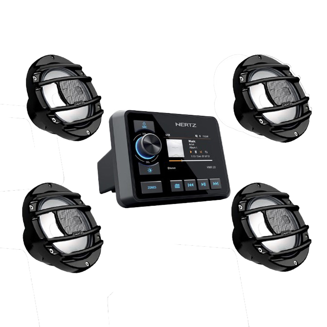 KIT STEREO HMR 20 MARINE SOURCE+ 2 COPPIE CASSE HMX 6.5 S-LD COAX 150W 4OHM C/LED RGB NERE