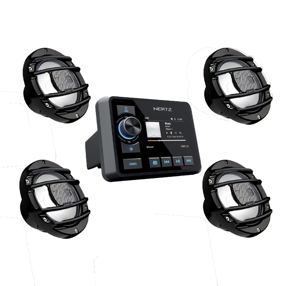 KIT STEREO HMR 20 MARINE SOURCE+ 2 COPPIE CASSE HMX 6.5 S-LD COAX 150W 4OHM C/LED RGB NERE